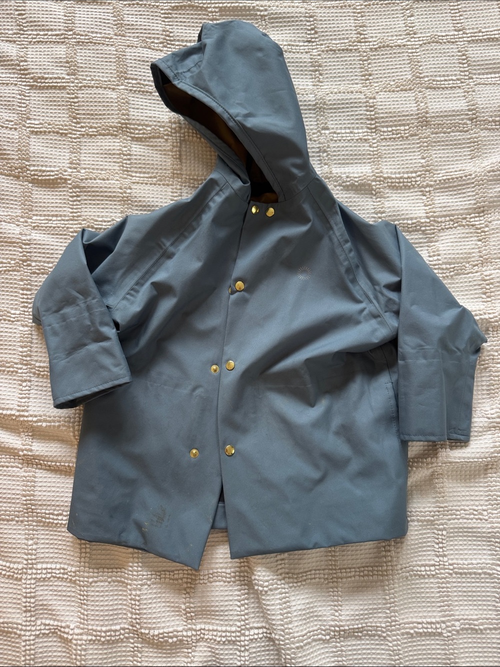 Fairechild Hooded Raincoat in Dusty Blue with Snap Closure